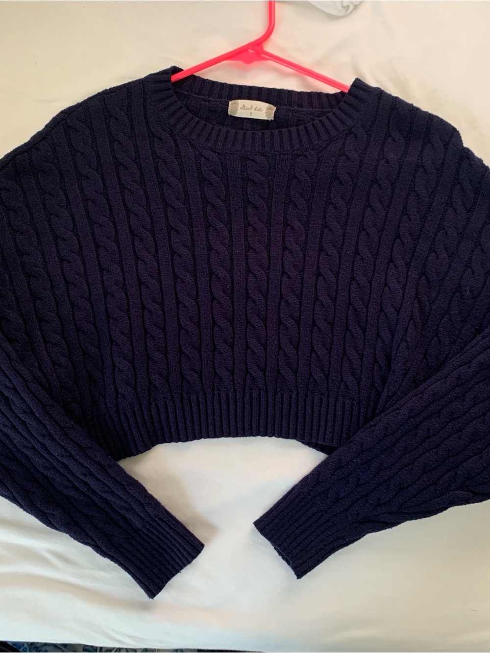 Altar'd State Cropped Cable Knit Sweater Navy Blue